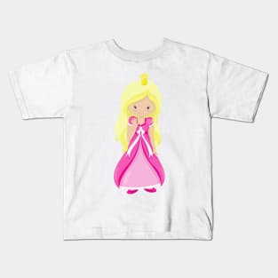 Cute Princess, Crown, Blonde Hair, Pink Dress Kids T-Shirt